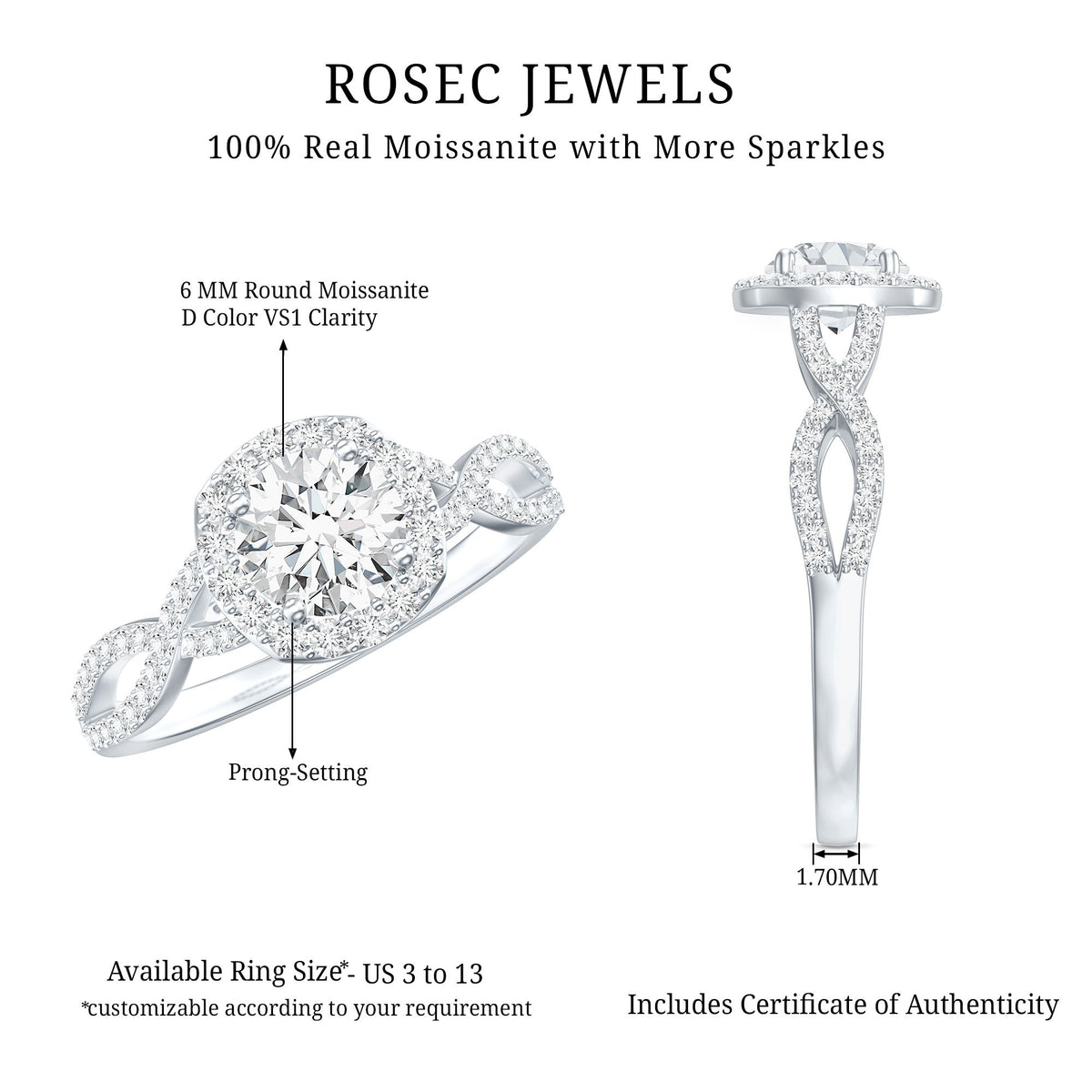 Certified Moissanite Halo Engagement Ring with Criss Cross Shank Rosec Jewels