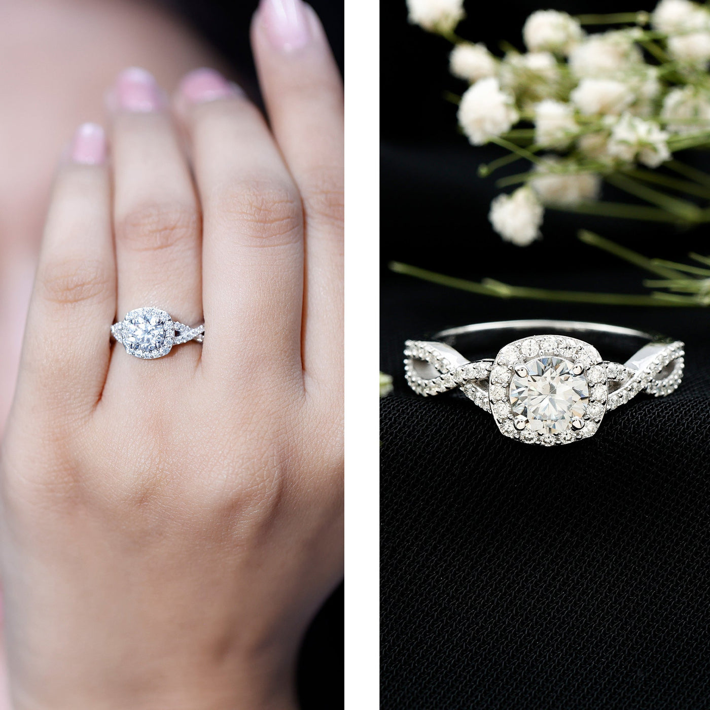 Certified Moissanite Halo Engagement Ring with Criss Cross Shank Rosec Jewels