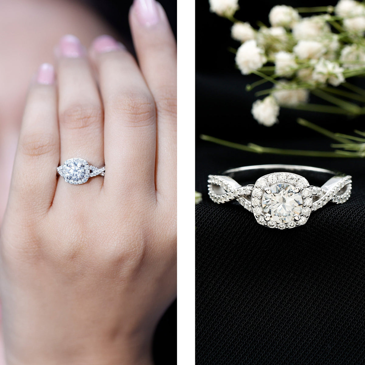 Certified Moissanite Halo Engagement Ring with Criss Cross Shank Rosec Jewels