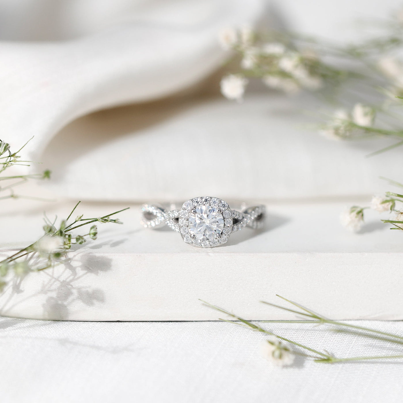 Certified Moissanite Halo Engagement Ring with Criss Cross Shank Rosec Jewels
