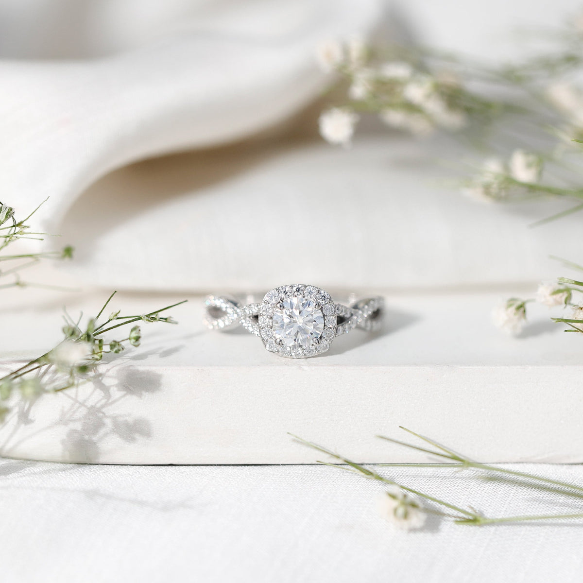 Certified Moissanite Halo Engagement Ring with Criss Cross Shank Rosec Jewels