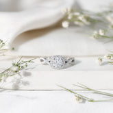 Certified Moissanite Halo Engagement Ring with Criss Cross Shank Rosec Jewels