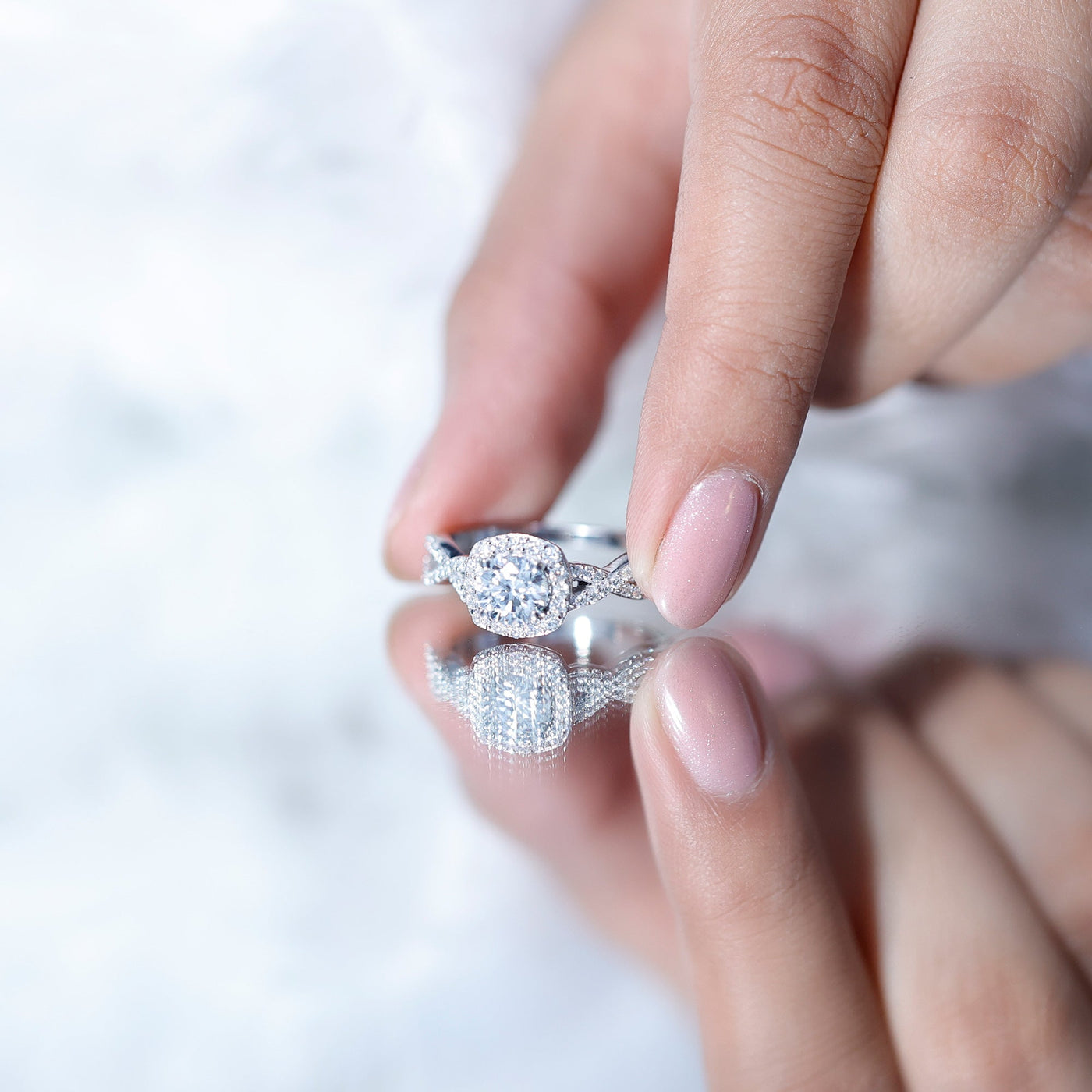 Certified Moissanite Halo Engagement Ring with Criss Cross Shank Rosec Jewels