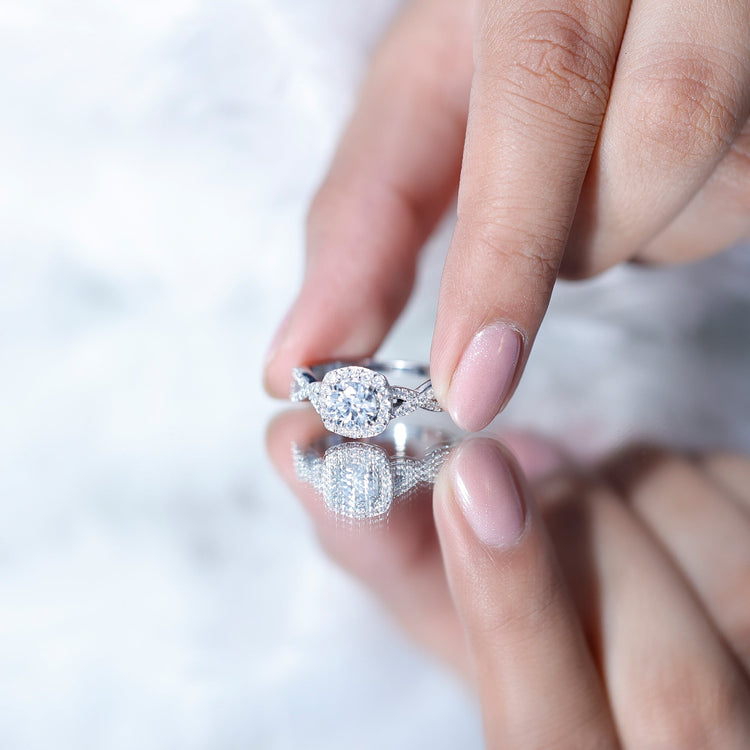 Certified Moissanite Halo Engagement Ring with Criss Cross Shank Rosec Jewels