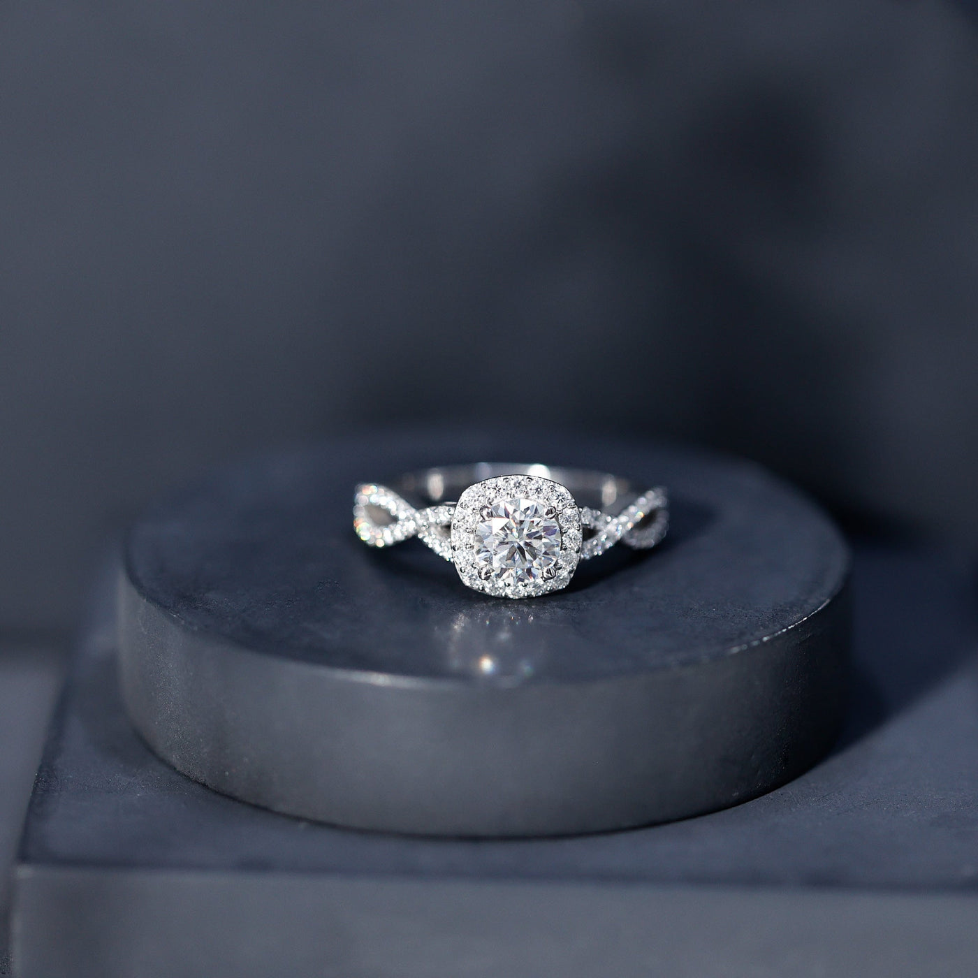 Certified Moissanite Halo Engagement Ring with Criss Cross Shank Rosec Jewels