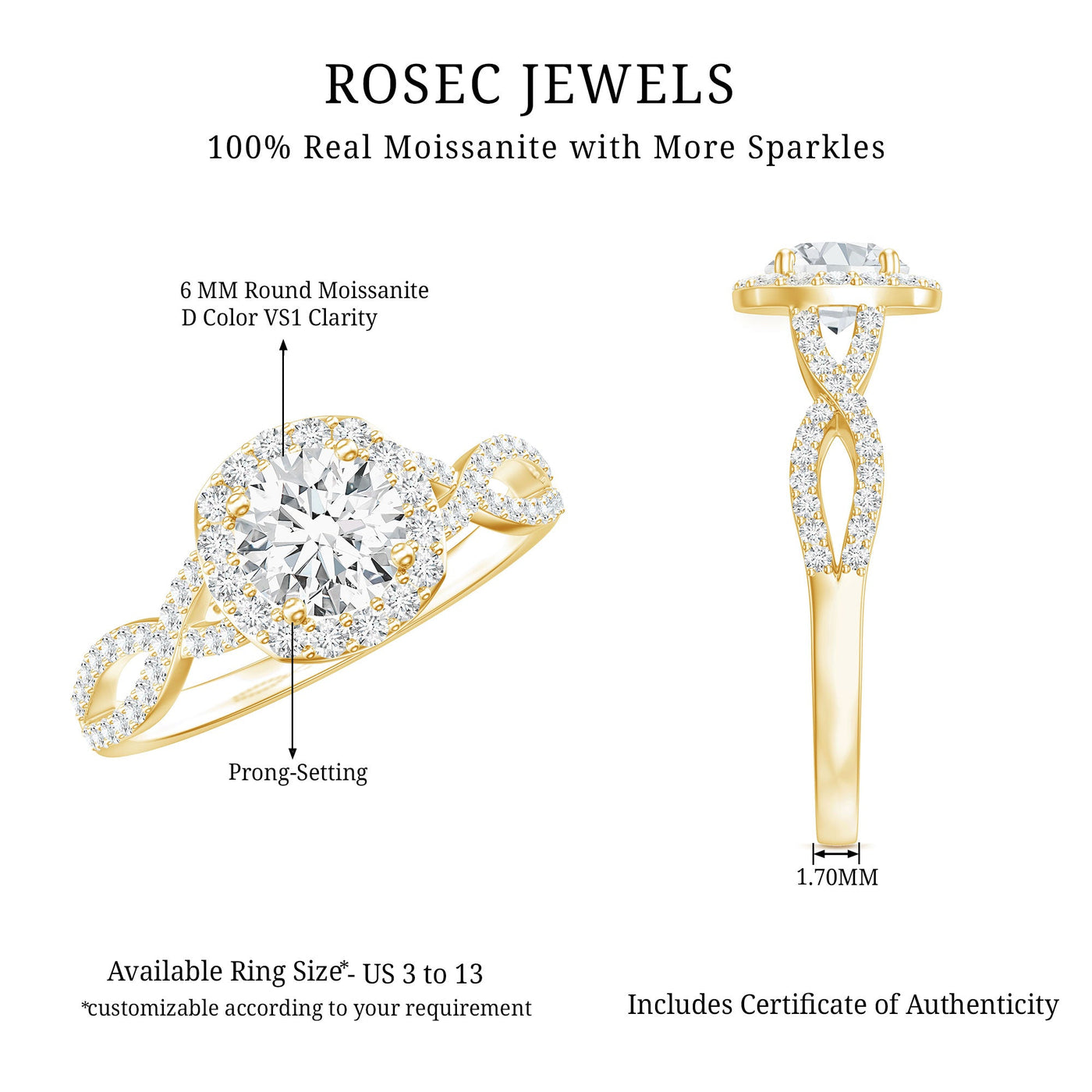 Certified Moissanite Halo Engagement Ring with Criss Cross Shank Rosec Jewels