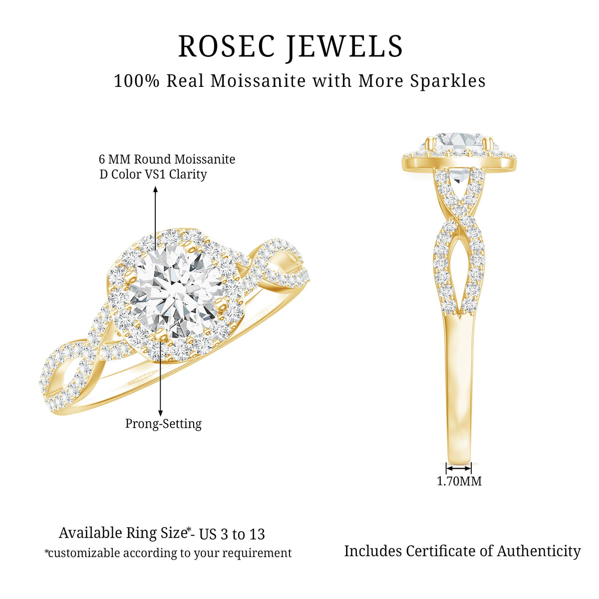 Certified Moissanite Halo Engagement Ring with Criss Cross Shank Rosec Jewels