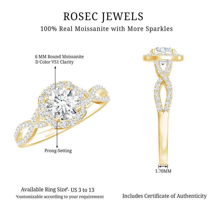 Certified Moissanite Halo Engagement Ring with Criss Cross Shank Rosec Jewels