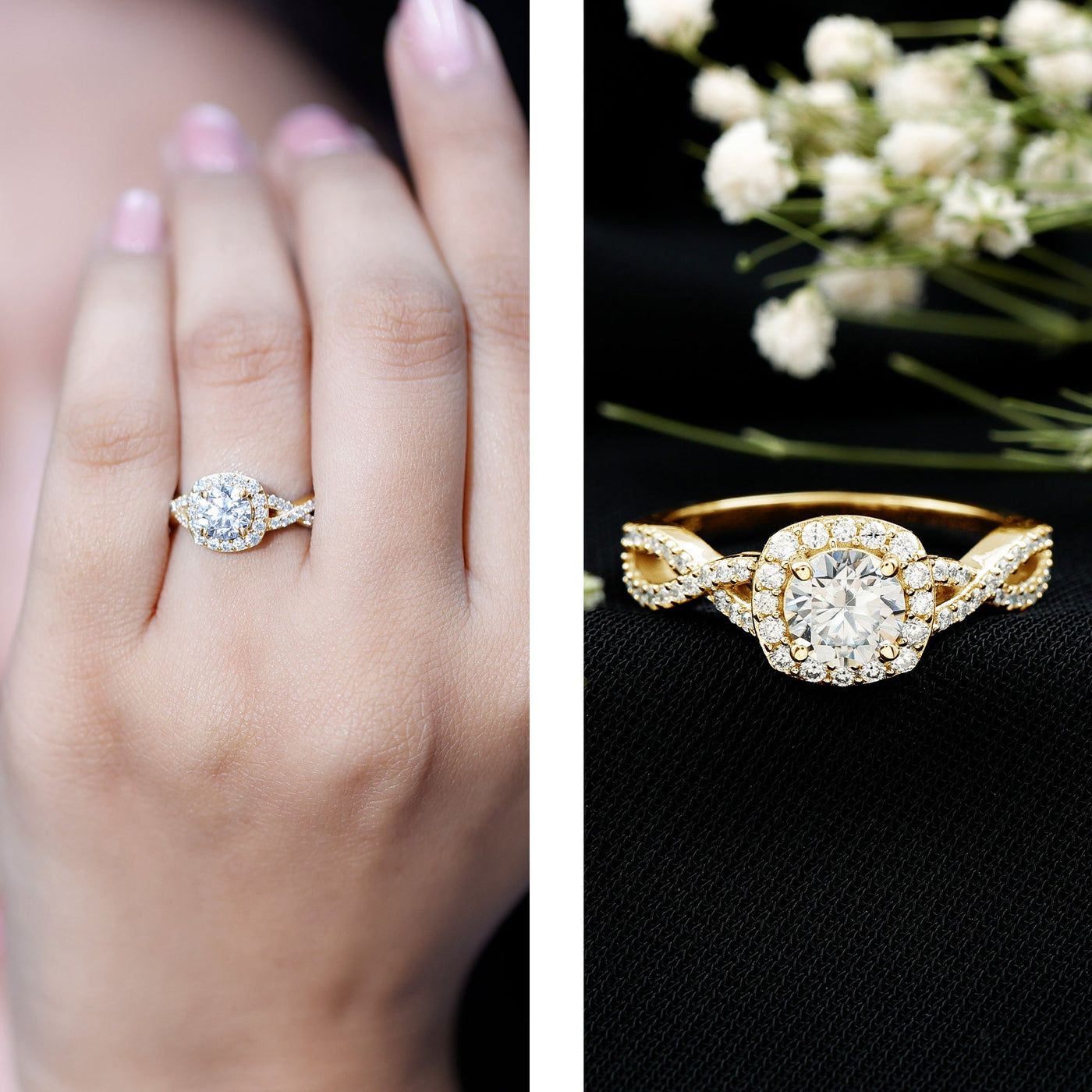 Certified Moissanite Halo Engagement Ring with Criss Cross Shank Rosec Jewels
