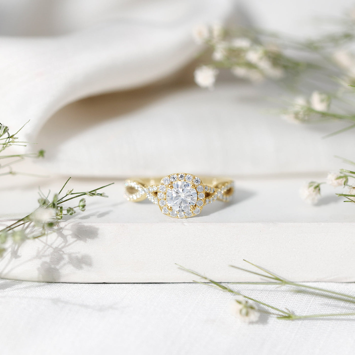 Certified Moissanite Halo Engagement Ring with Criss Cross Shank Rosec Jewels