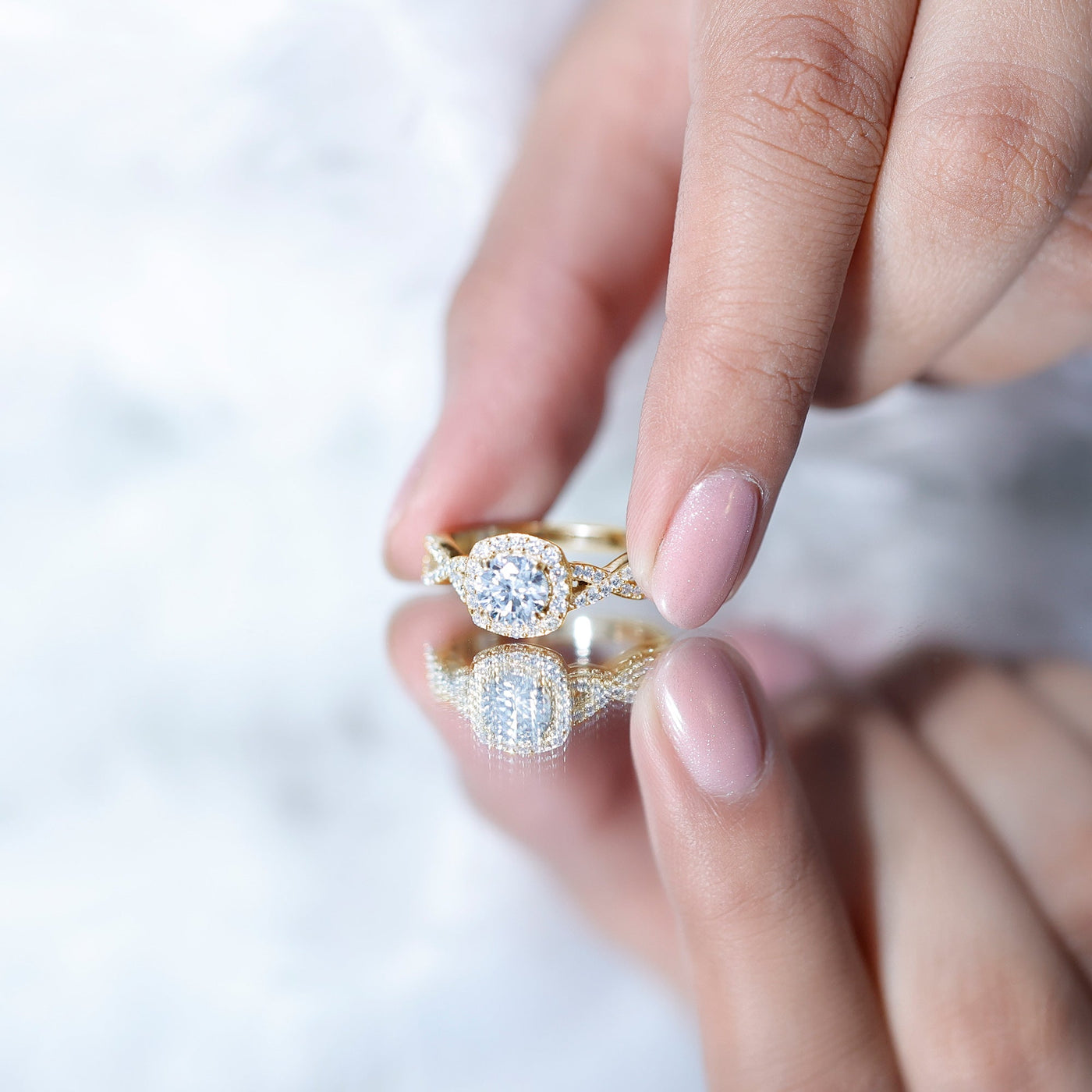 Certified Moissanite Halo Engagement Ring with Criss Cross Shank Rosec Jewels