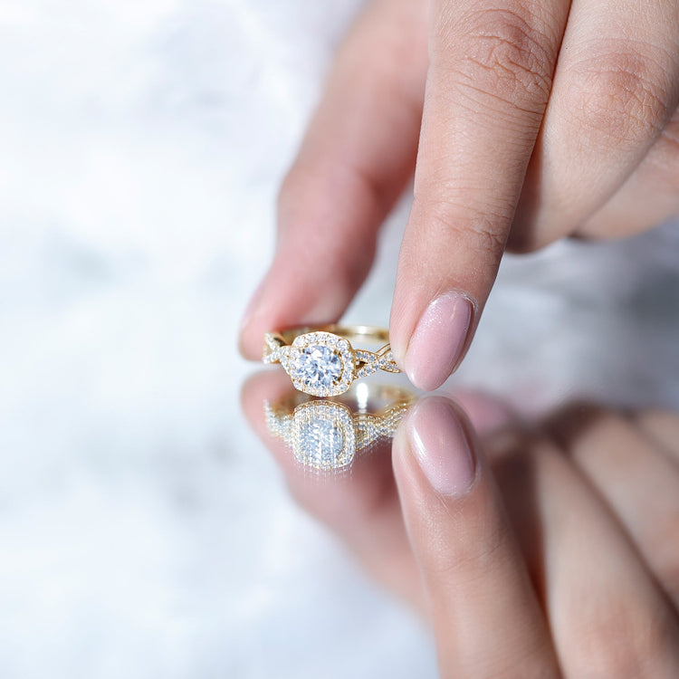 Certified Moissanite Halo Engagement Ring with Criss Cross Shank Rosec Jewels
