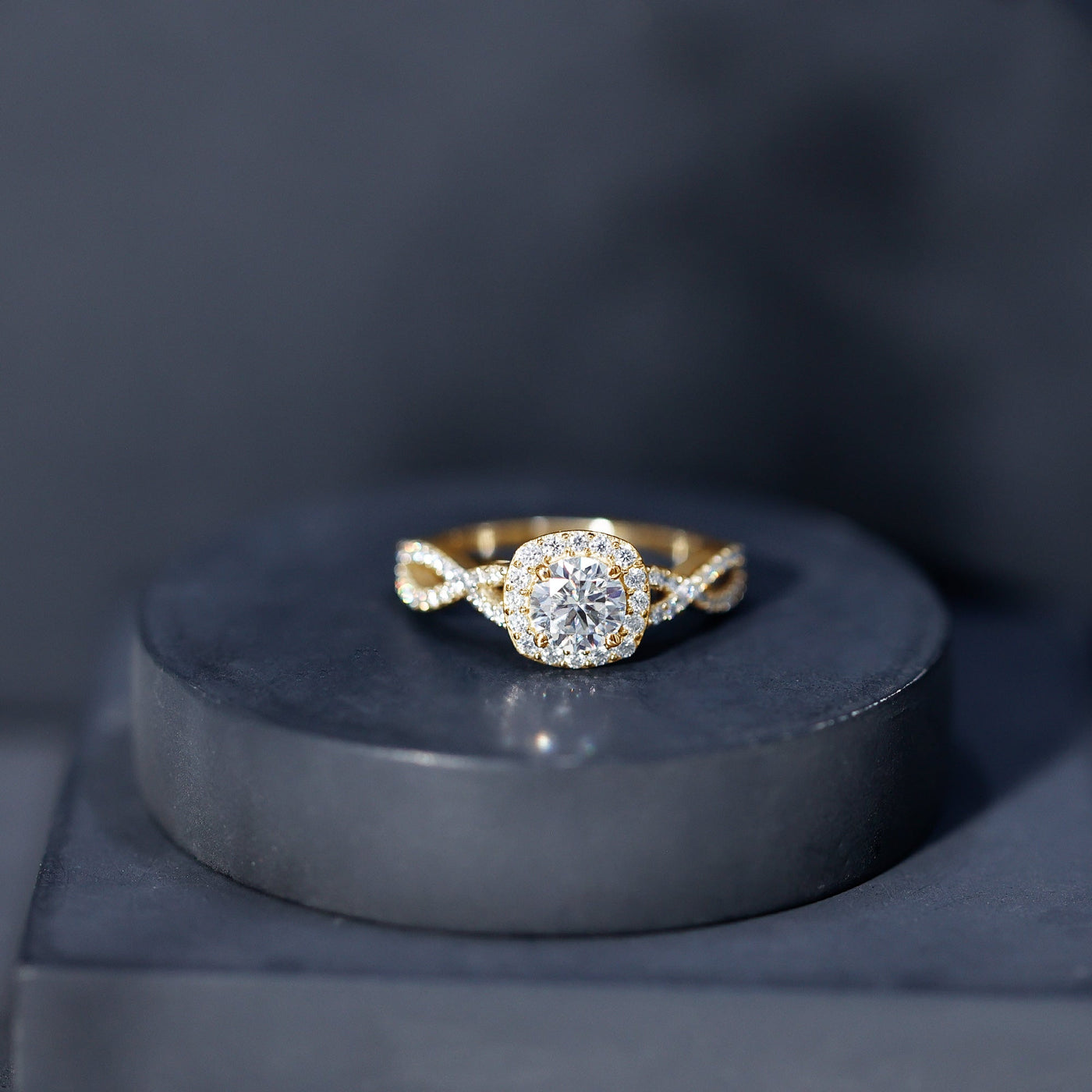 Certified Moissanite Halo Engagement Ring with Criss Cross Shank Rosec Jewels