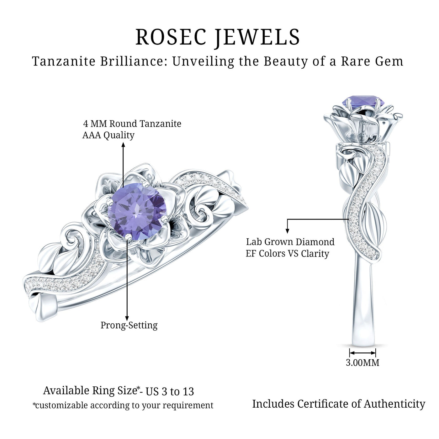 Certified Tanzanite and Diamond Flower Engagement Ring in Silver Rosec Jewels