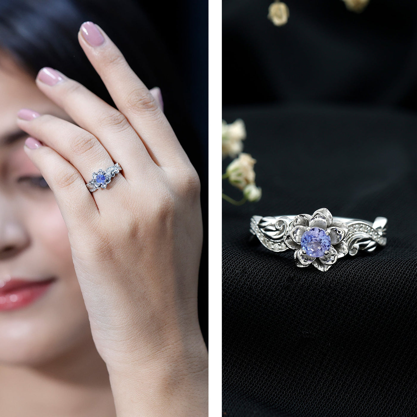 Certified Tanzanite and Diamond Flower Engagement Ring in Silver Rosec Jewels