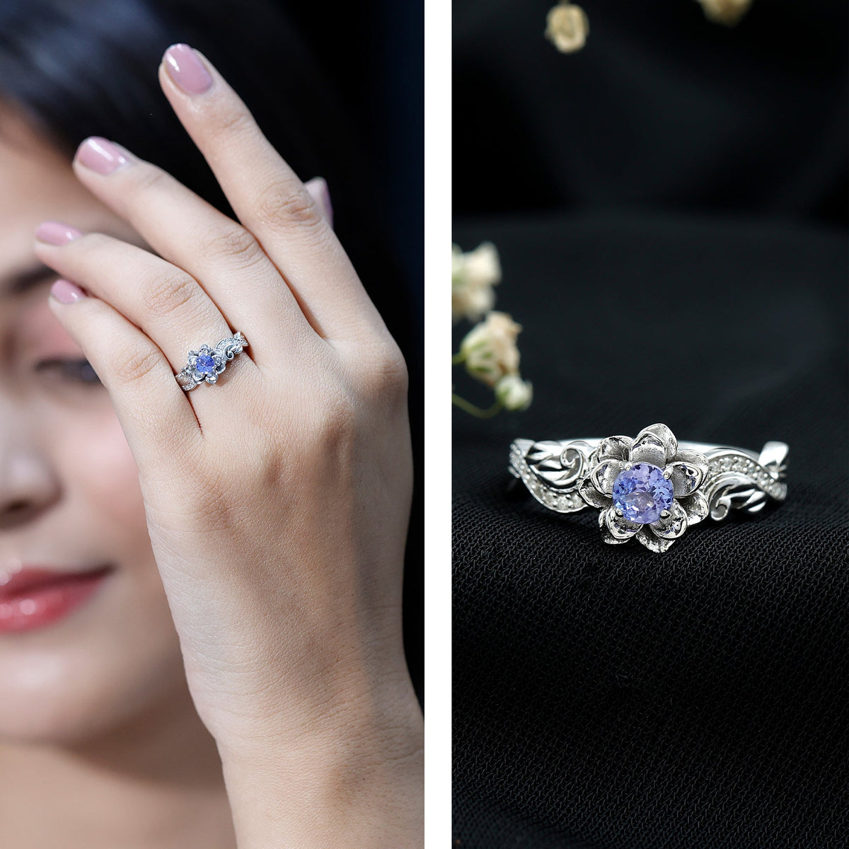 Certified Tanzanite and Diamond Flower Engagement Ring in Silver Rosec Jewels