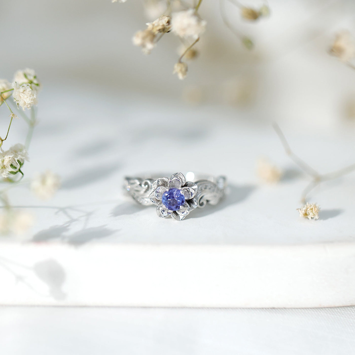 Certified Tanzanite and Diamond Flower Engagement Ring in Silver Rosec Jewels