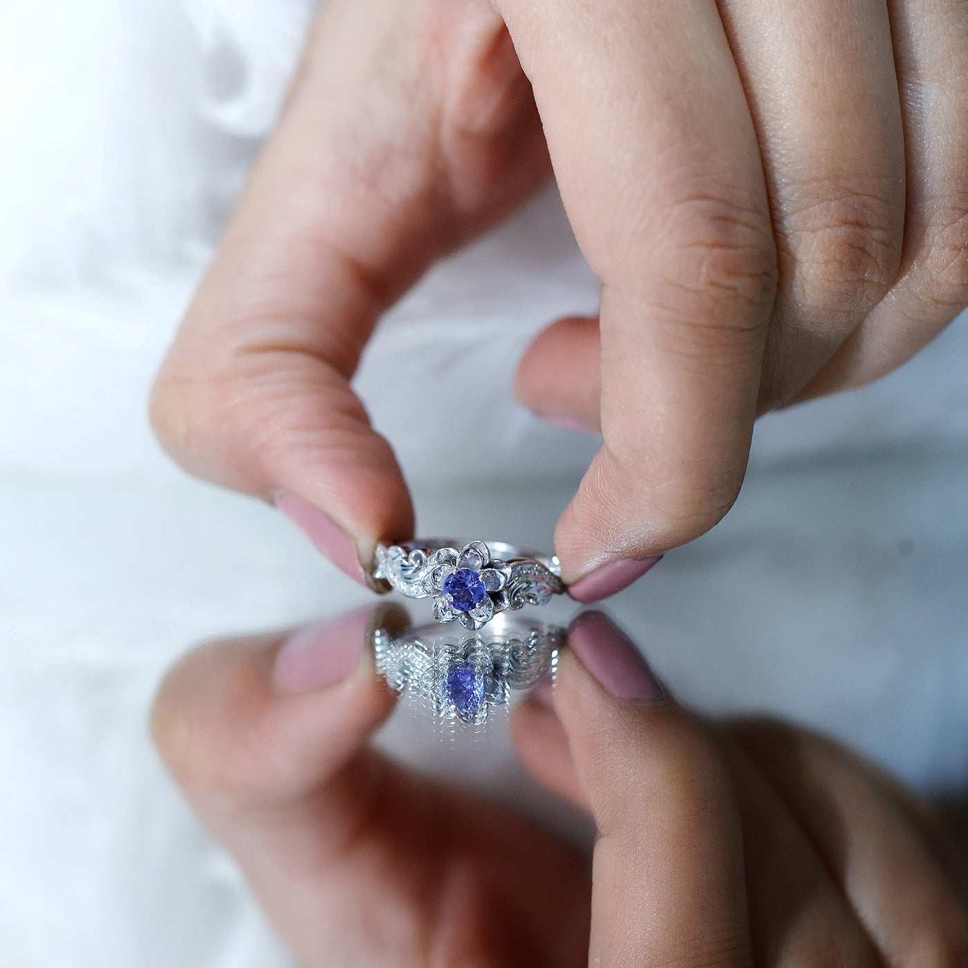 Certified Tanzanite and Diamond Flower Engagement Ring in Silver Rosec Jewels