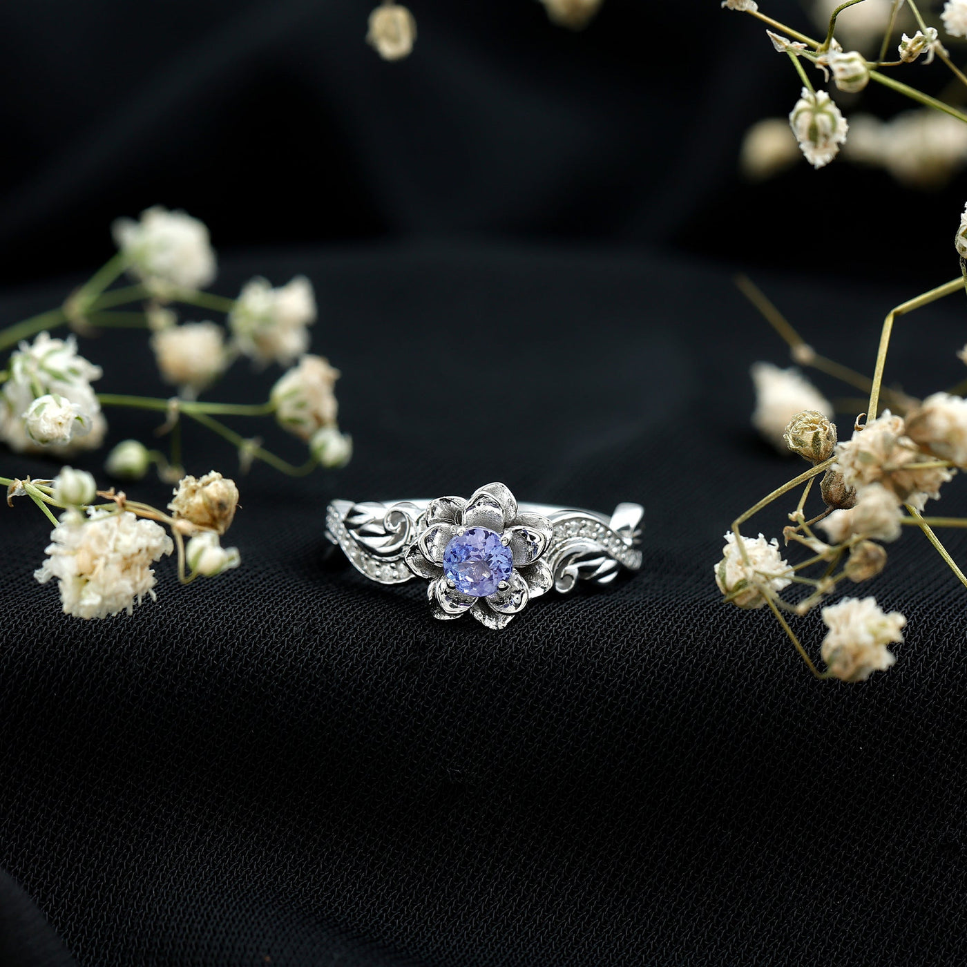 Certified Tanzanite and Diamond Flower Engagement Ring in Silver Rosec Jewels