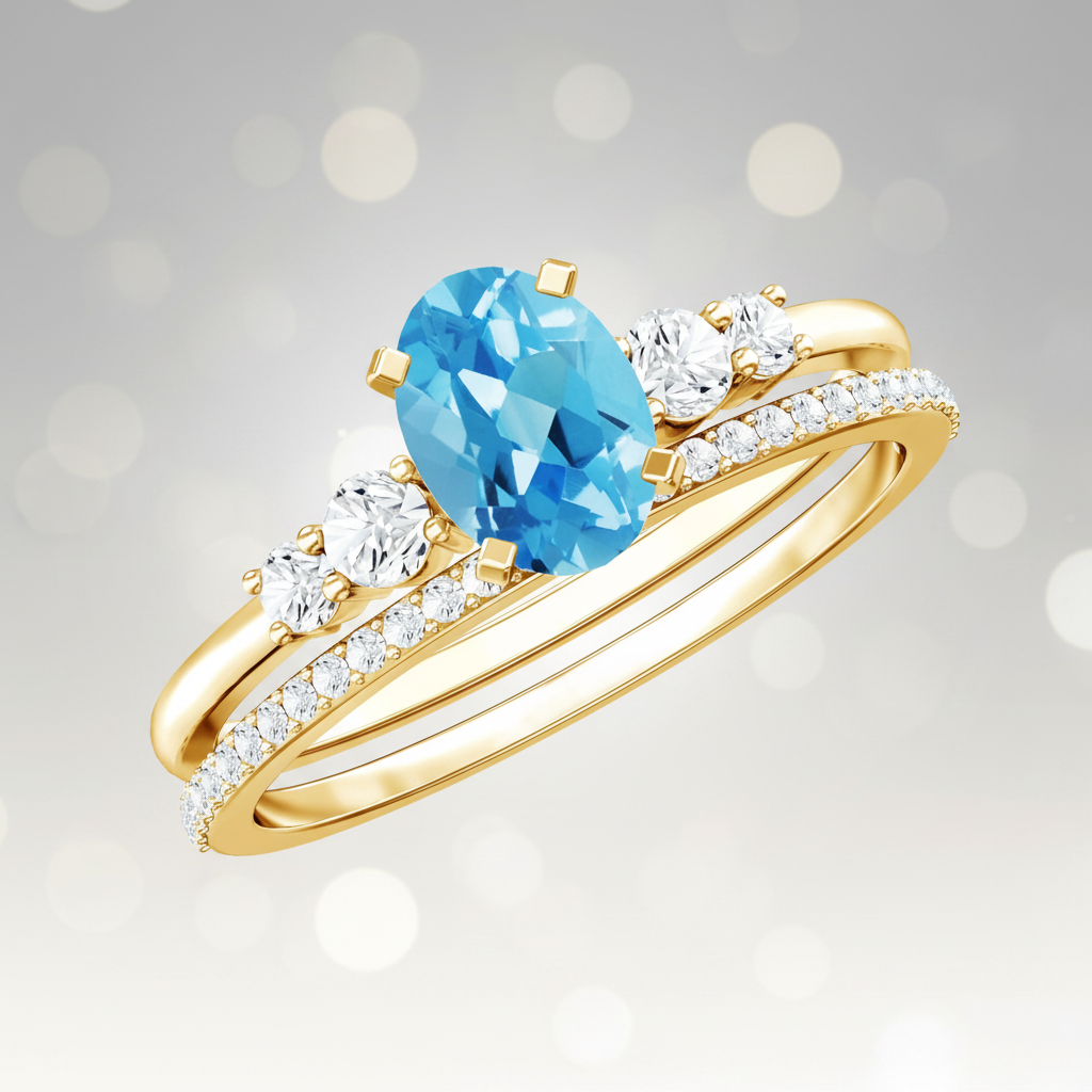 Oval Swiss Blue Topaz Diamond Wedding Ring Set in Silver Rosec Jewels