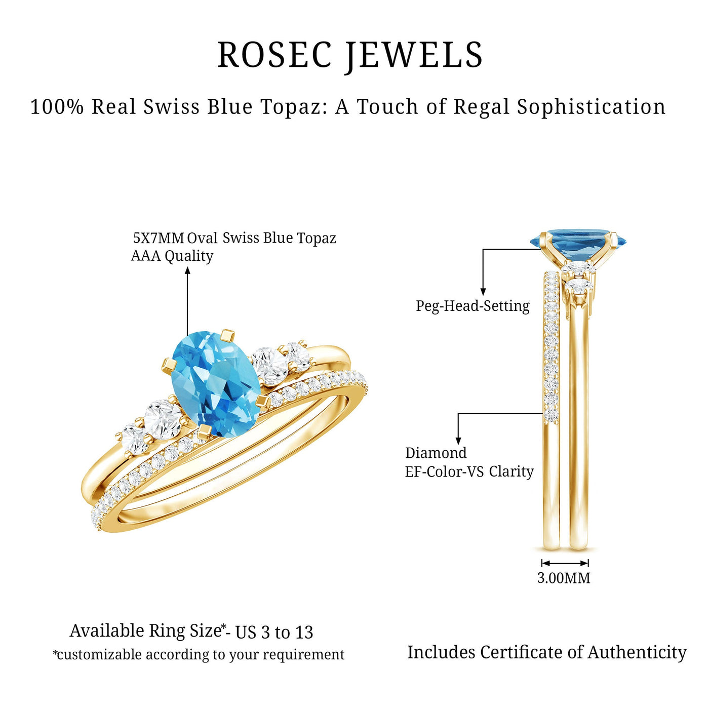 Oval Swiss Blue Topaz Diamond Wedding Ring Set in Silver Rosec Jewels