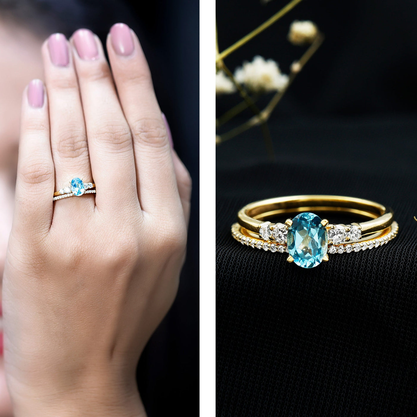 Oval Swiss Blue Topaz Diamond Wedding Ring Set in Silver Rosec Jewels