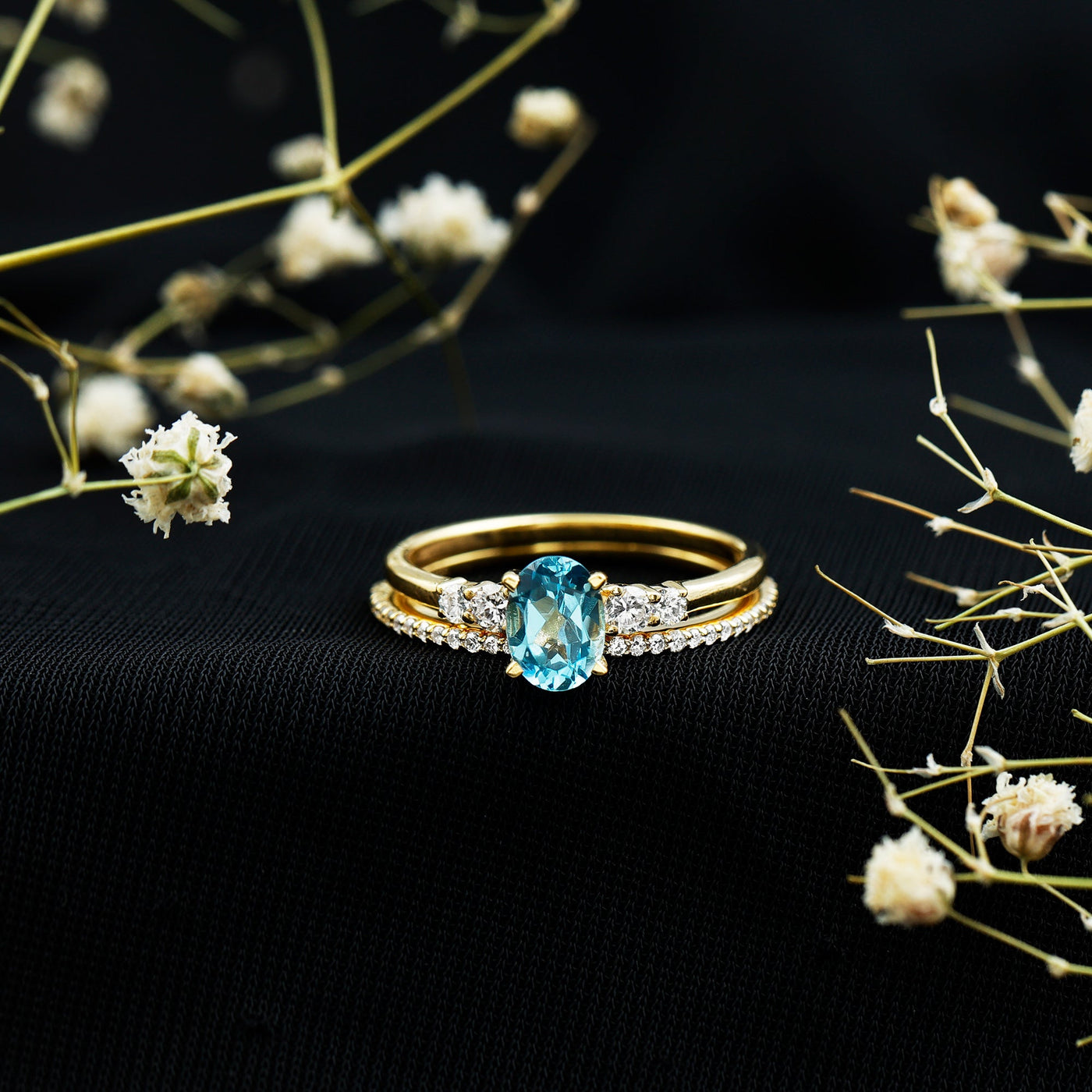 Oval Swiss Blue Topaz Diamond Wedding Ring Set in Silver Rosec Jewels