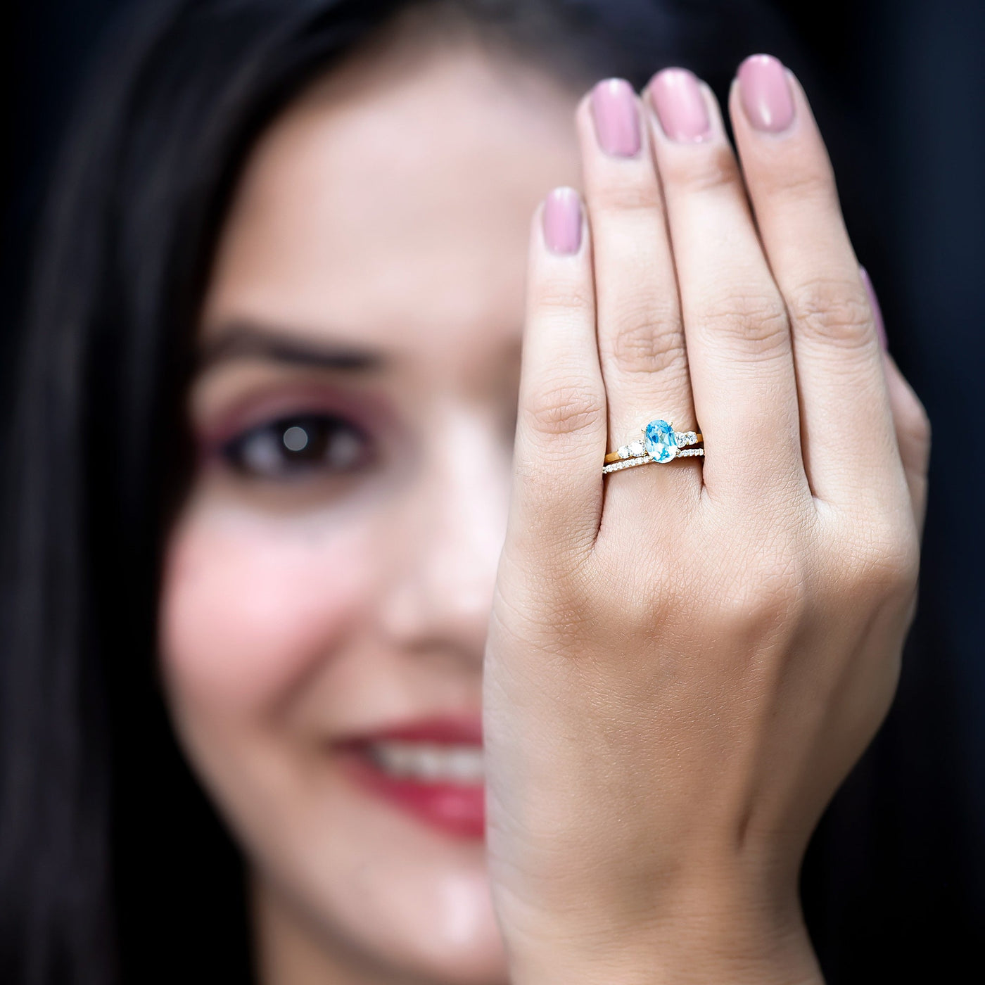 Oval Swiss Blue Topaz Diamond Wedding Ring Set in Silver Rosec Jewels