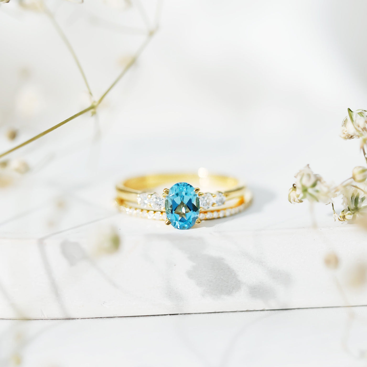 Oval Swiss Blue Topaz Diamond Wedding Ring Set in Silver Rosec Jewels