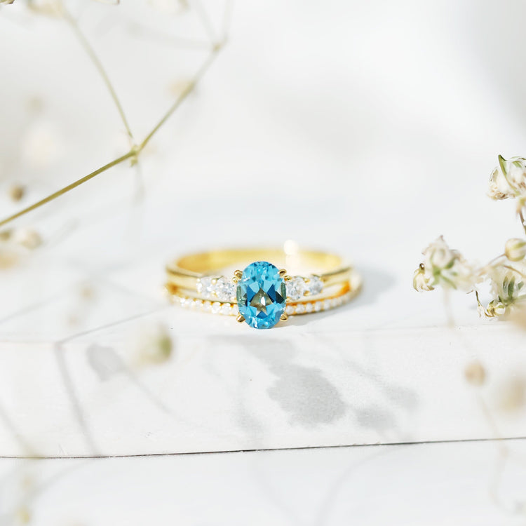Oval Swiss Blue Topaz Diamond Wedding Ring Set in Silver Rosec Jewels