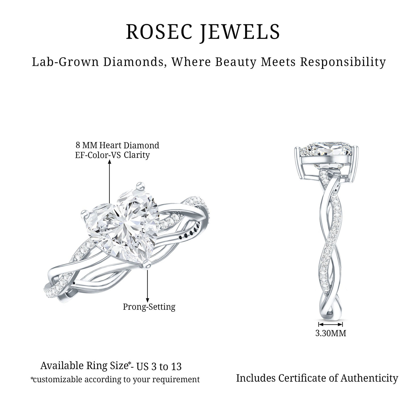 Brilliant Cut Lab Grown Diamond Heart Shape Engagement Ring Rosec Jewels