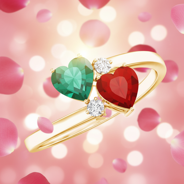 Certified Lab Grown Ruby and Emerald 2 Stone Heart Promise Ring in Silver Rosec Jewels