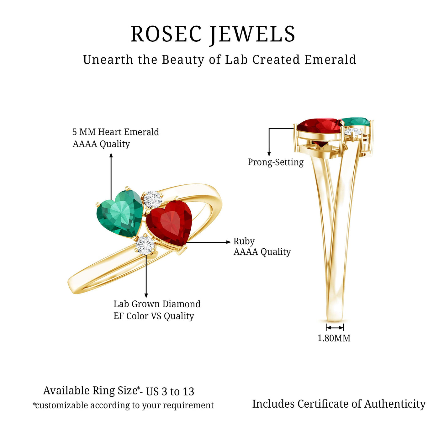 Certified Lab Grown Ruby and Emerald 2 Stone Heart Promise Ring in Silver Rosec Jewels