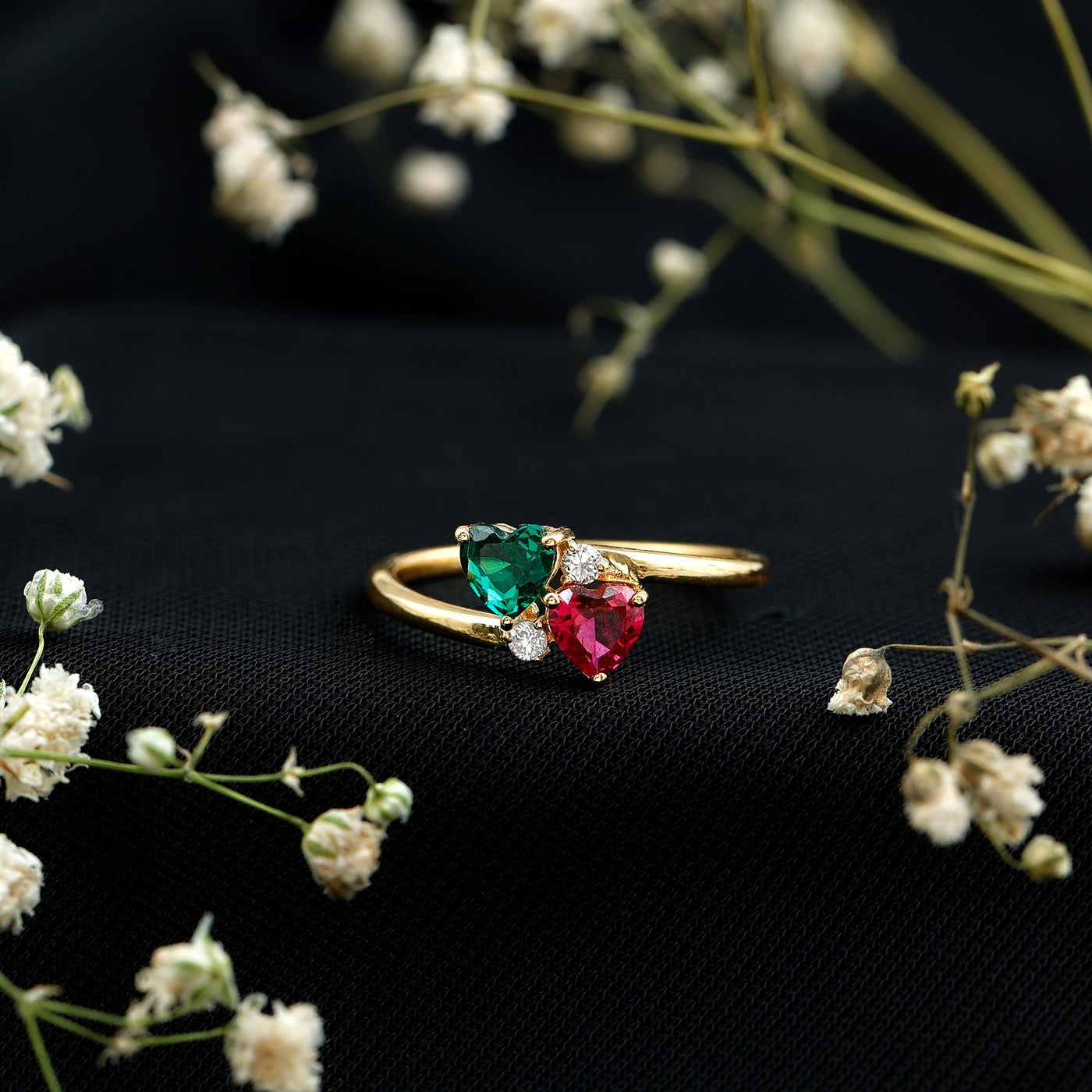 Certified Lab Grown Ruby and Emerald 2 Stone Heart Promise Ring in Silver Rosec Jewels