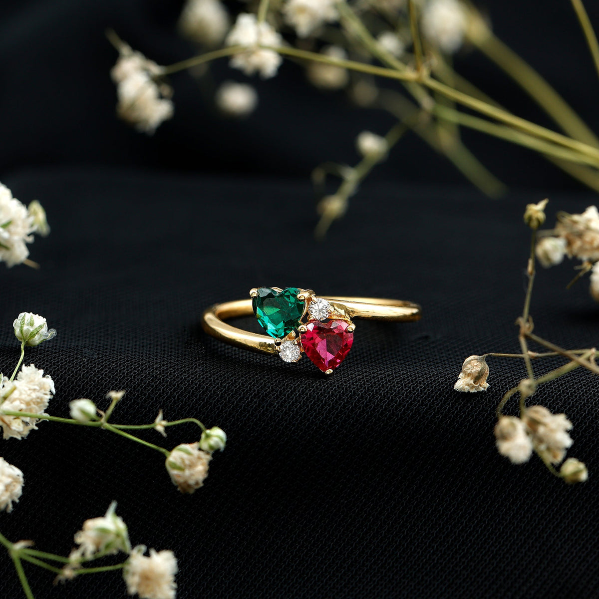 Certified Lab Grown Ruby and Emerald 2 Stone Heart Promise Ring in Silver Rosec Jewels