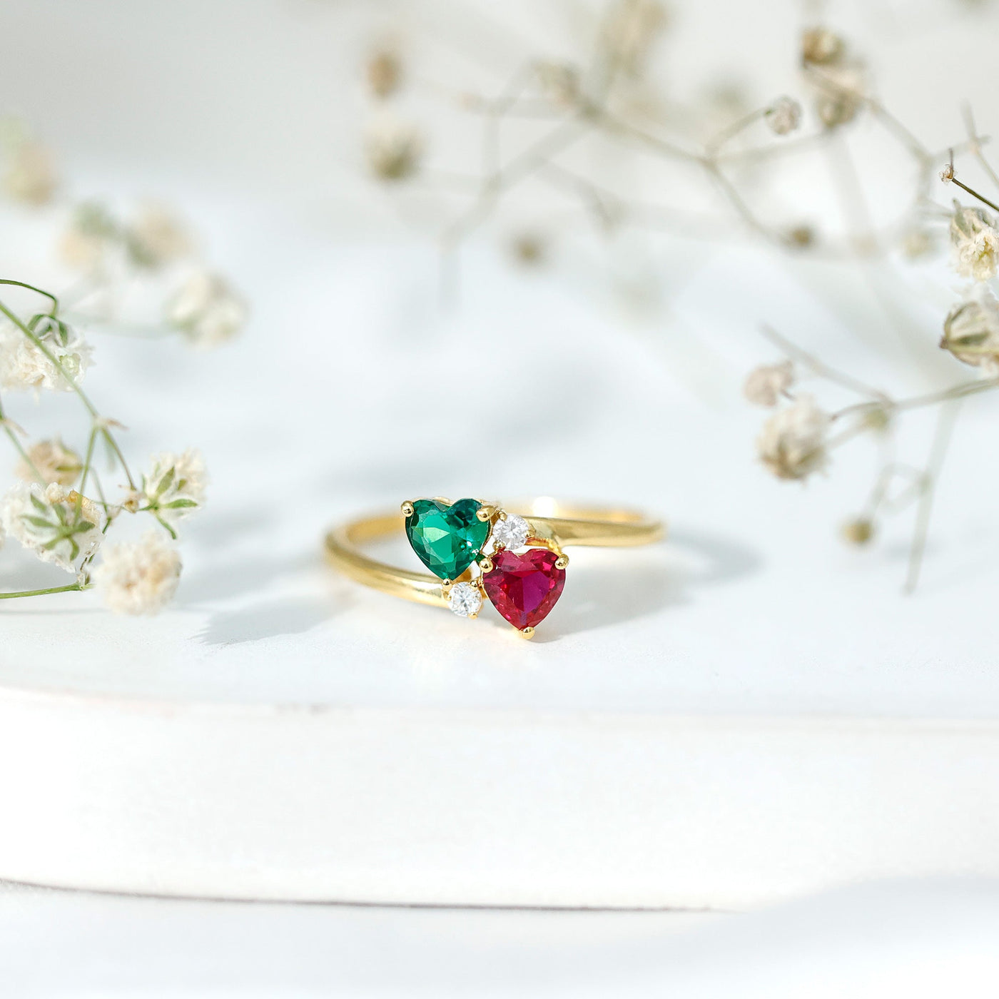 Certified Lab Grown Ruby and Emerald 2 Stone Heart Promise Ring in Silver Rosec Jewels