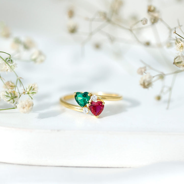 Certified Lab Grown Ruby and Emerald 2 Stone Heart Promise Ring in Silver Rosec Jewels