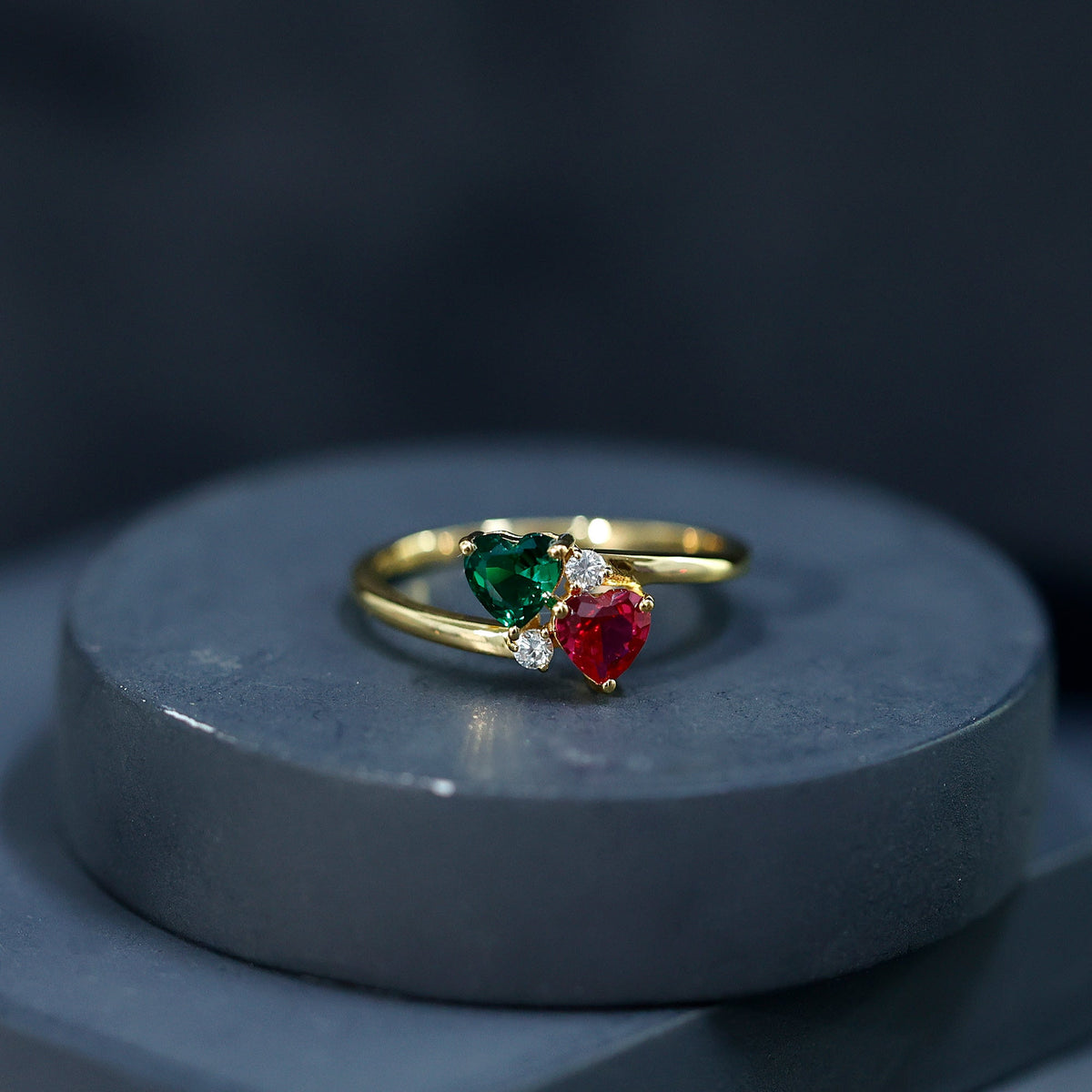 Certified Lab Grown Ruby and Emerald 2 Stone Heart Promise Ring in Silver Rosec Jewels