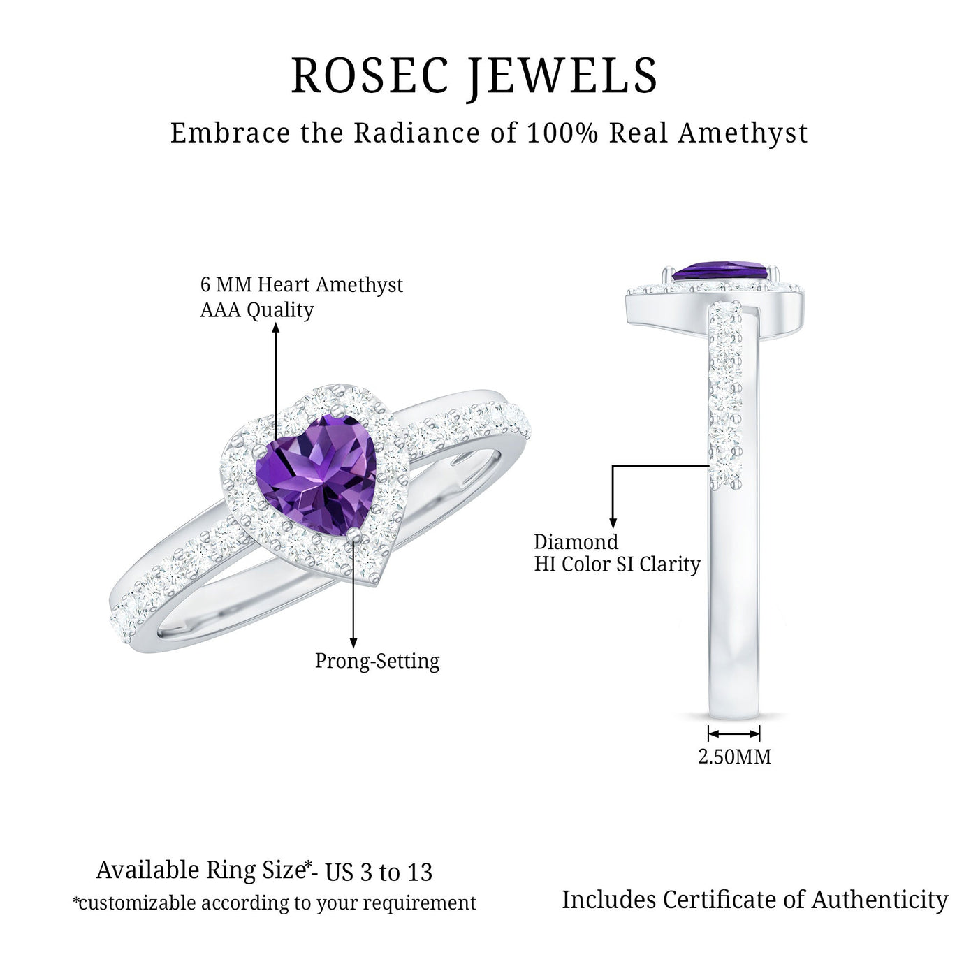 Heart Shape Amethyst and Diamond Halo Engagement Ring Rosec Jewels
