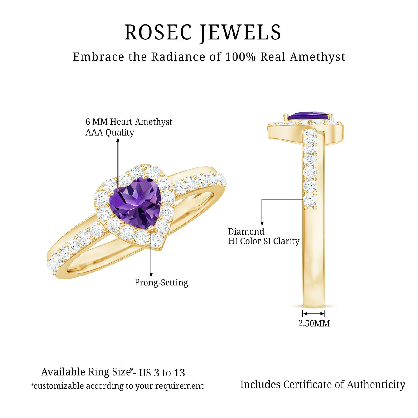 Heart Shape Amethyst and Diamond Halo Engagement Ring Rosec Jewels