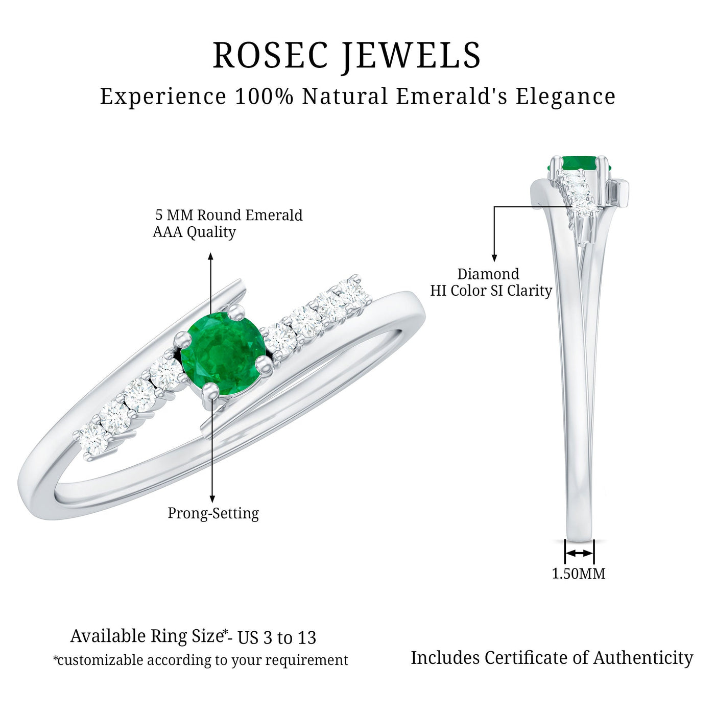 Real Emerald and Diamond Promise Ring with Bypass Shank Rosec Jewels