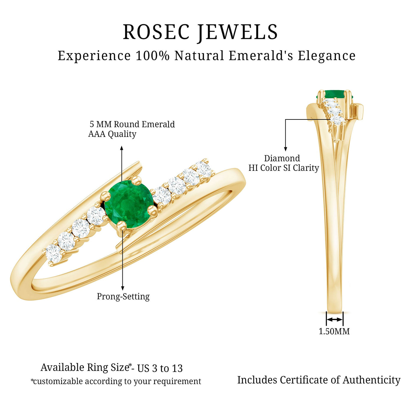Real Emerald and Diamond Promise Ring with Bypass Shank Rosec Jewels