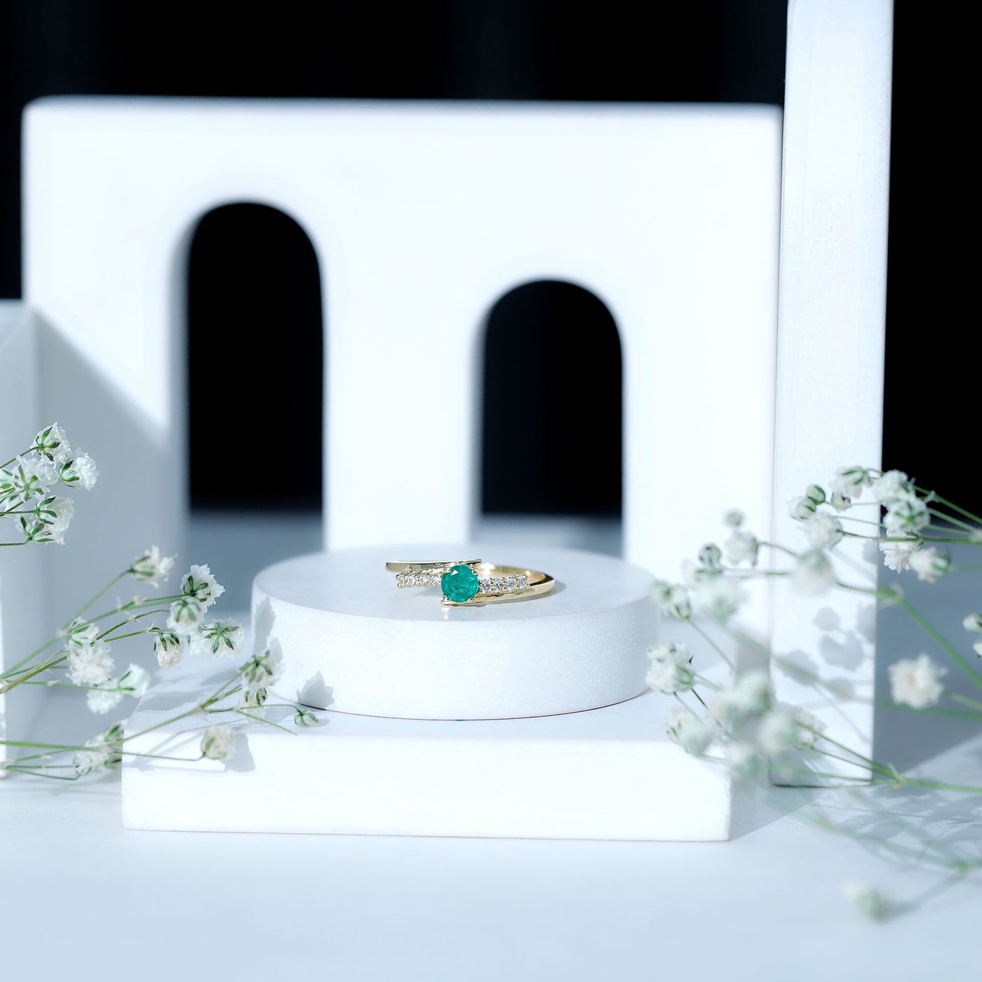 Real Emerald and Diamond Promise Ring with Bypass Shank Rosec Jewels