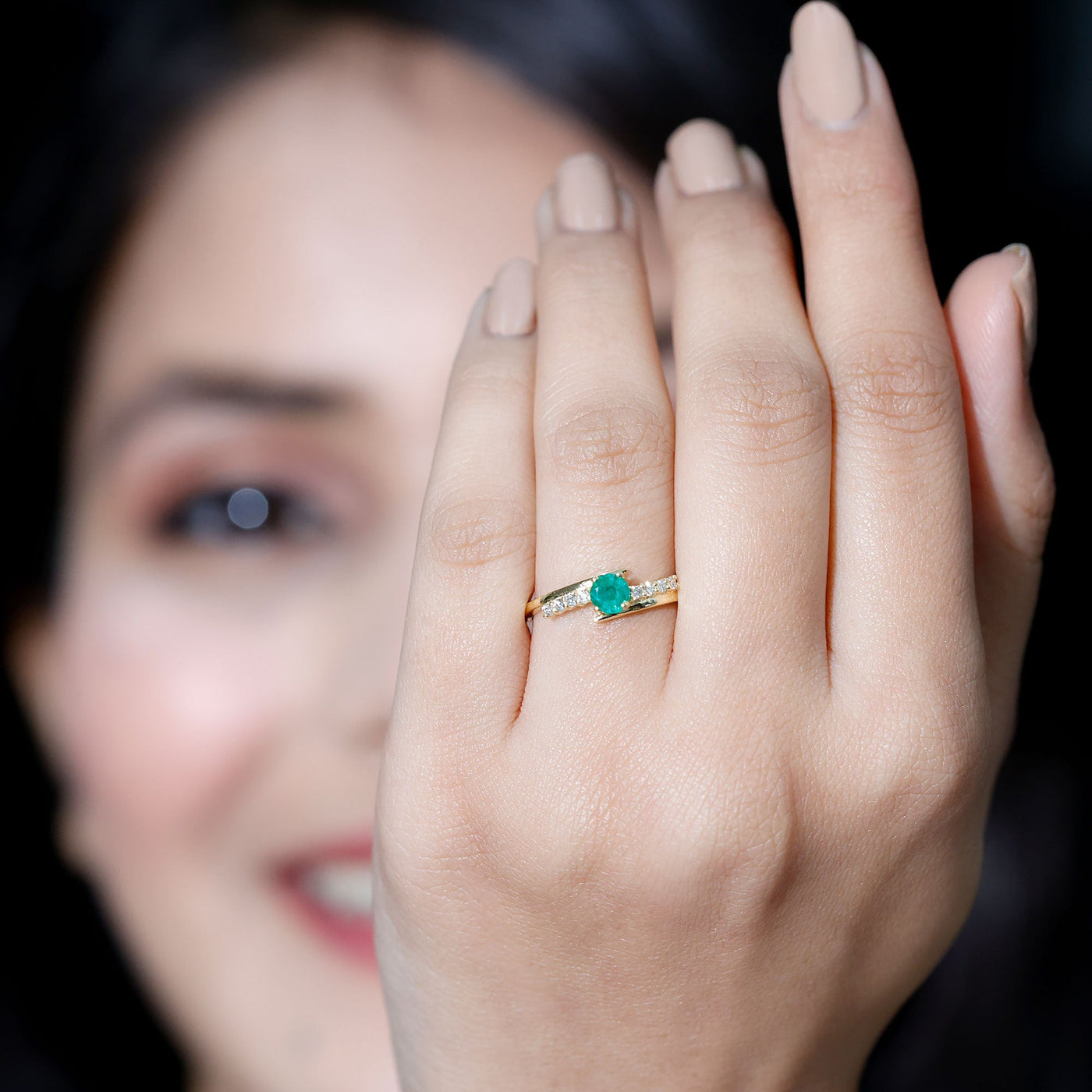 Real Emerald and Diamond Promise Ring with Bypass Shank Rosec Jewels