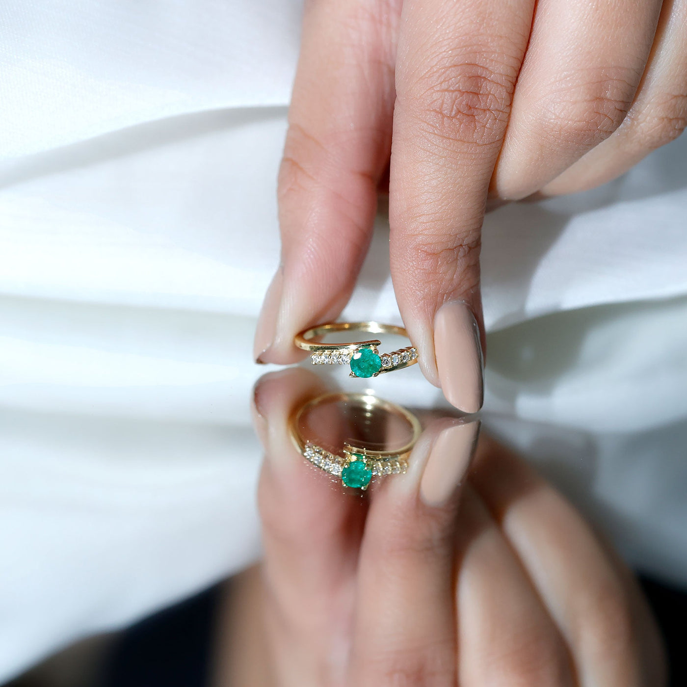 Real Emerald and Diamond Promise Ring with Bypass Shank Rosec Jewels