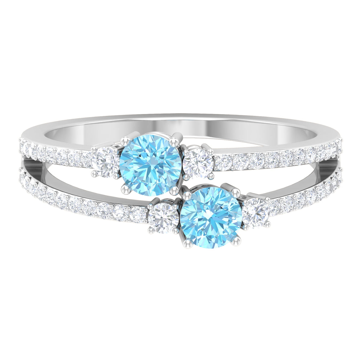 Natural Aquamarine Diamond 2 Stone Promise Ring with Split Shank Rosec Jewels