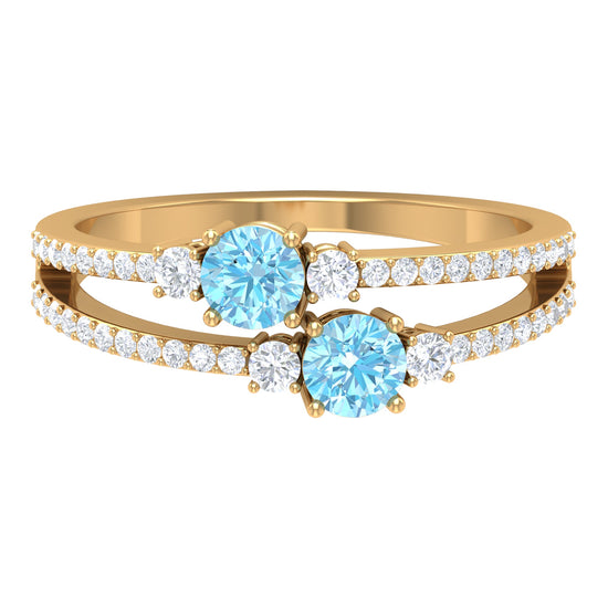 Natural Aquamarine Diamond 2 Stone Promise Ring with Split Shank Rosec Jewels