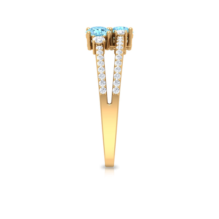 Natural Aquamarine Diamond 2 Stone Promise Ring with Split Shank Rosec Jewels