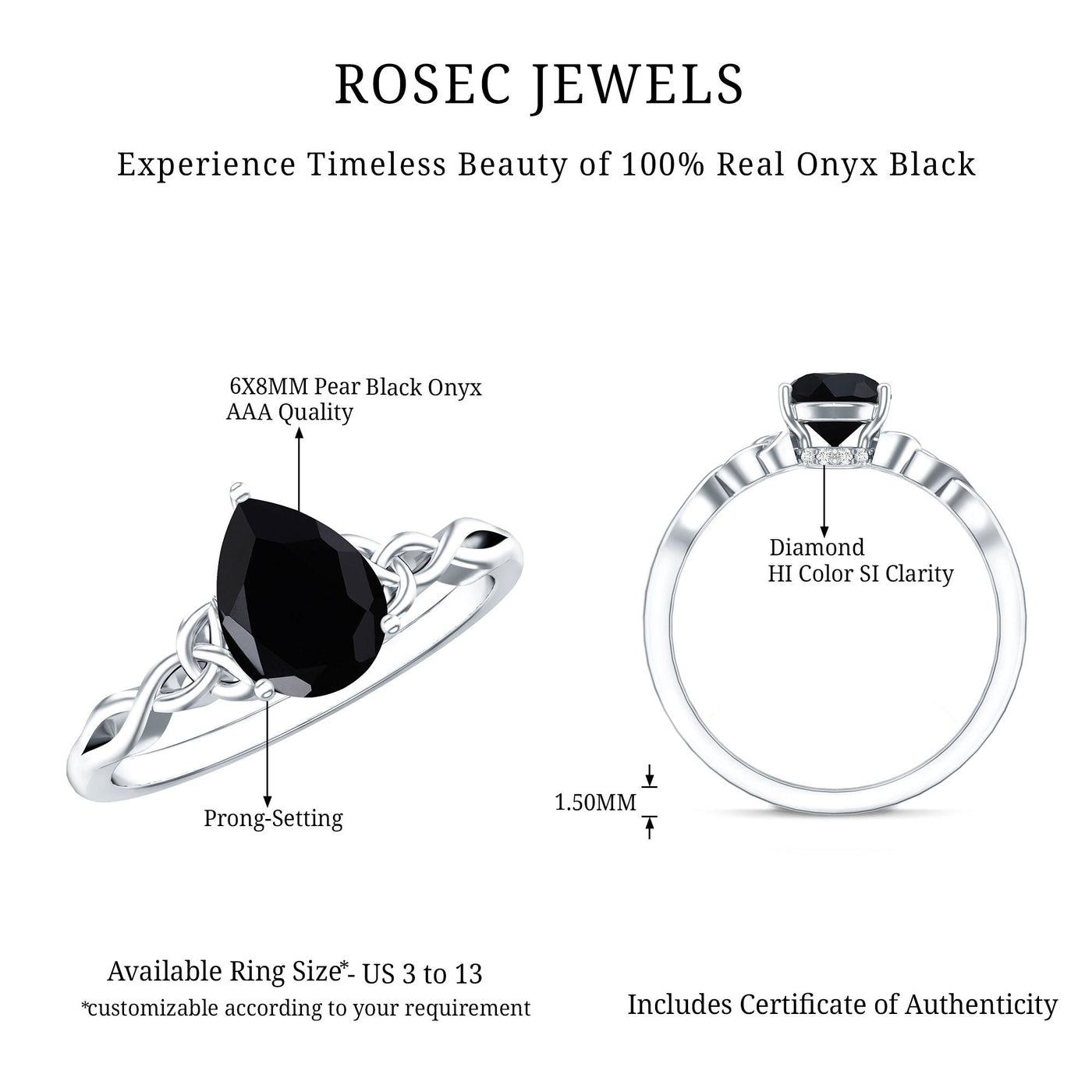 Solitaire Pear Cut Black Onyx Engagement Ring with Celtic Band Rosec Jewels