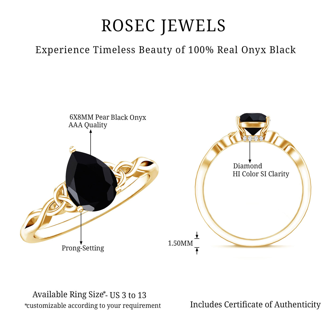 Solitaire Pear Cut Black Onyx Engagement Ring with Celtic Band Rosec Jewels